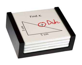 Find X Mathematical Coaster Set - Ceramic Tile with Cork Back - 4 Piece Set -  Wood Box Caddy Included