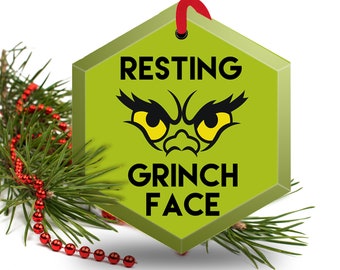 Resting Grinch Face Funny  Beveled Glass Christmas Ornament