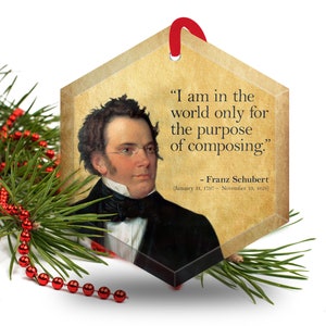 May include: A hexagonal ornament featuring a portrait of Franz Schubert and a quote: "I am in the world only for the purpose of composing." The ornament has a red ribbon for hanging and is decorated with pine and red beads.