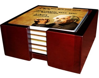 6 Men Of Science Coaster Set - Ceramic Tile with Cork Back - 7 Piece Set - 6 Tiles + Holder