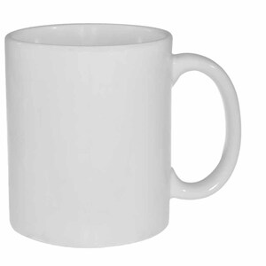 May include: A plain white ceramic mug with a handle. The mug is empty.