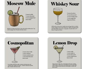 May include: Four illustrated cocktail recipe cards with the names "Moscow Mule", "Whiskey Sour", "Cosmopolitan", and "Lemon Drop". Each card features a drawing of the cocktail and a list of ingredients and instructions.
