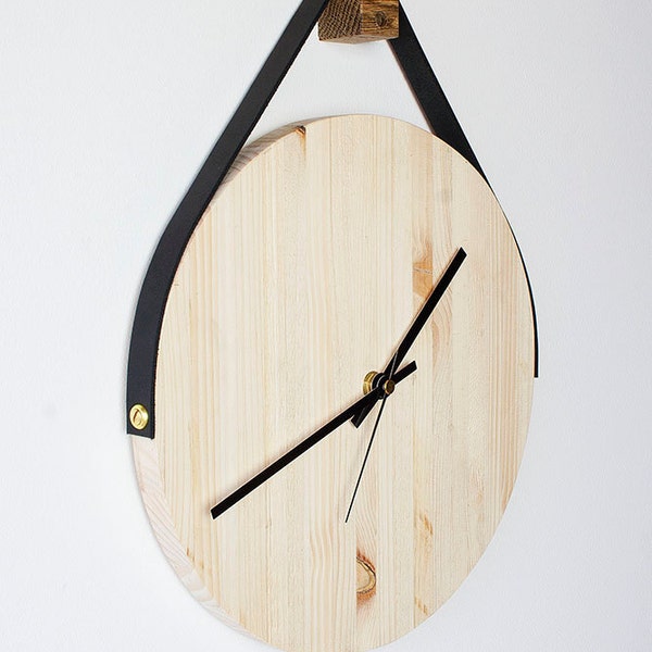 Hanging Wooden Leather Wall Clock