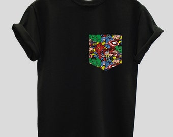 Marvel Superhero Print Pocket T-shirt - Mens Womens Top Tee Hipster Indie Handmade Pastel Boho Black White Pocket Shirt