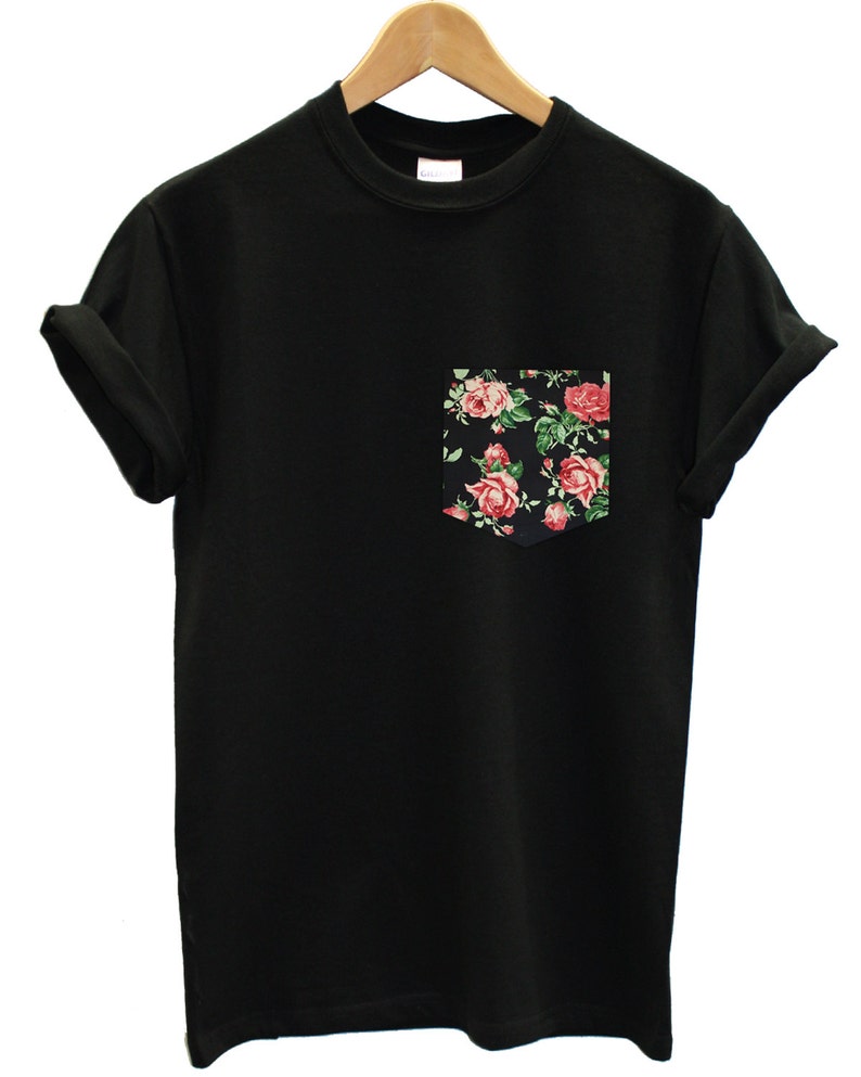 Red & Black Vintage Rose Floral Print Pocket T-shirt - Mens Womens Top Tee Hipster Indie Handmade Pastel Boho Black White Pocket Shirt 