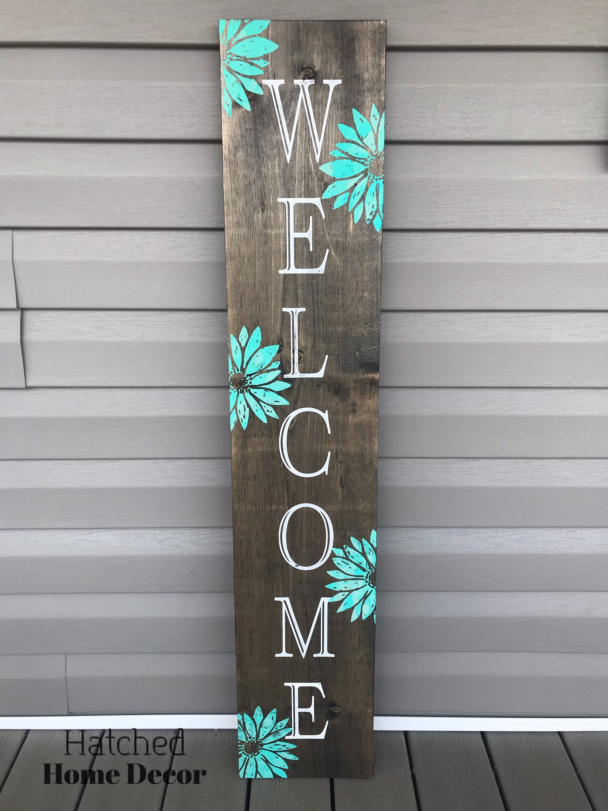 Welcome Porch Leaner Sign with Teal Blue Sunflowers / Gray Black Stai…