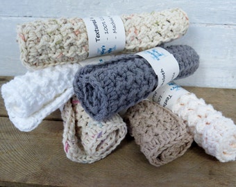 Cotton Dish Cloths / Crochet Dish Cloths / Textured Dish Cloths / Tan, Gray, White, Off White, Cream, Grey