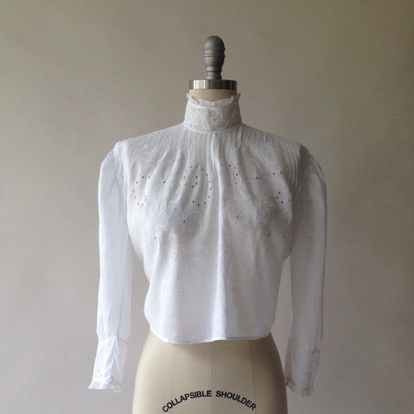 Antique Victorian cotton eyelet lace and pin tuck blouse / S / M