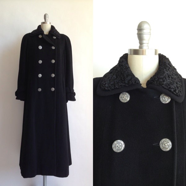 NINA RICCI military style black cashmere coat with astrakhan collar / M / L / 40" bust