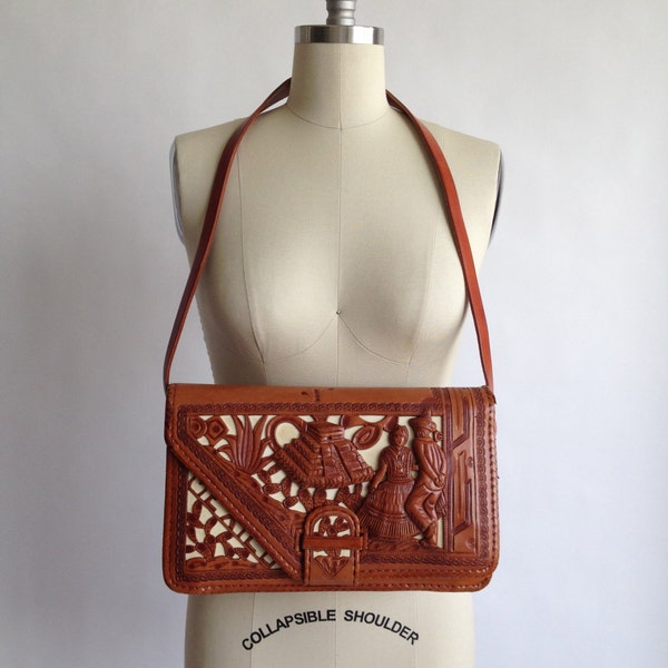 DAVALOS mexican hand tooled two-tone cognac & cream leather purse with removable shoulder strap