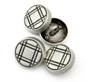 4 shank metal buttons,plaid pattern , antique silver ,22mm x 5mm # BU 004