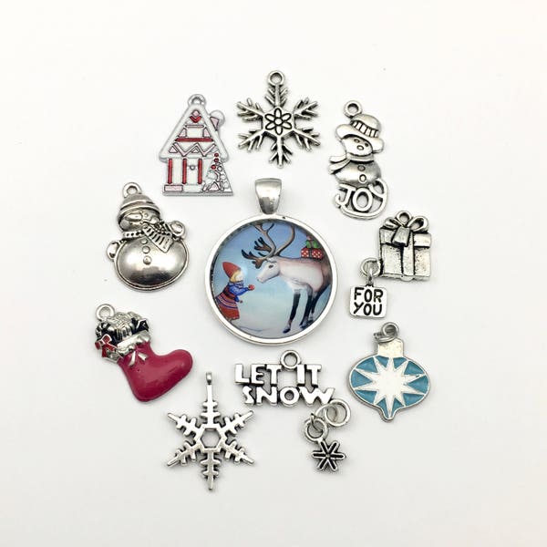 10 Christmas charms collection antique silver enamel  #ENS A 077