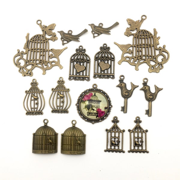 15 bird cage charms glass cabochon connector,bronze metal 13mm to 55mm #ENSB082