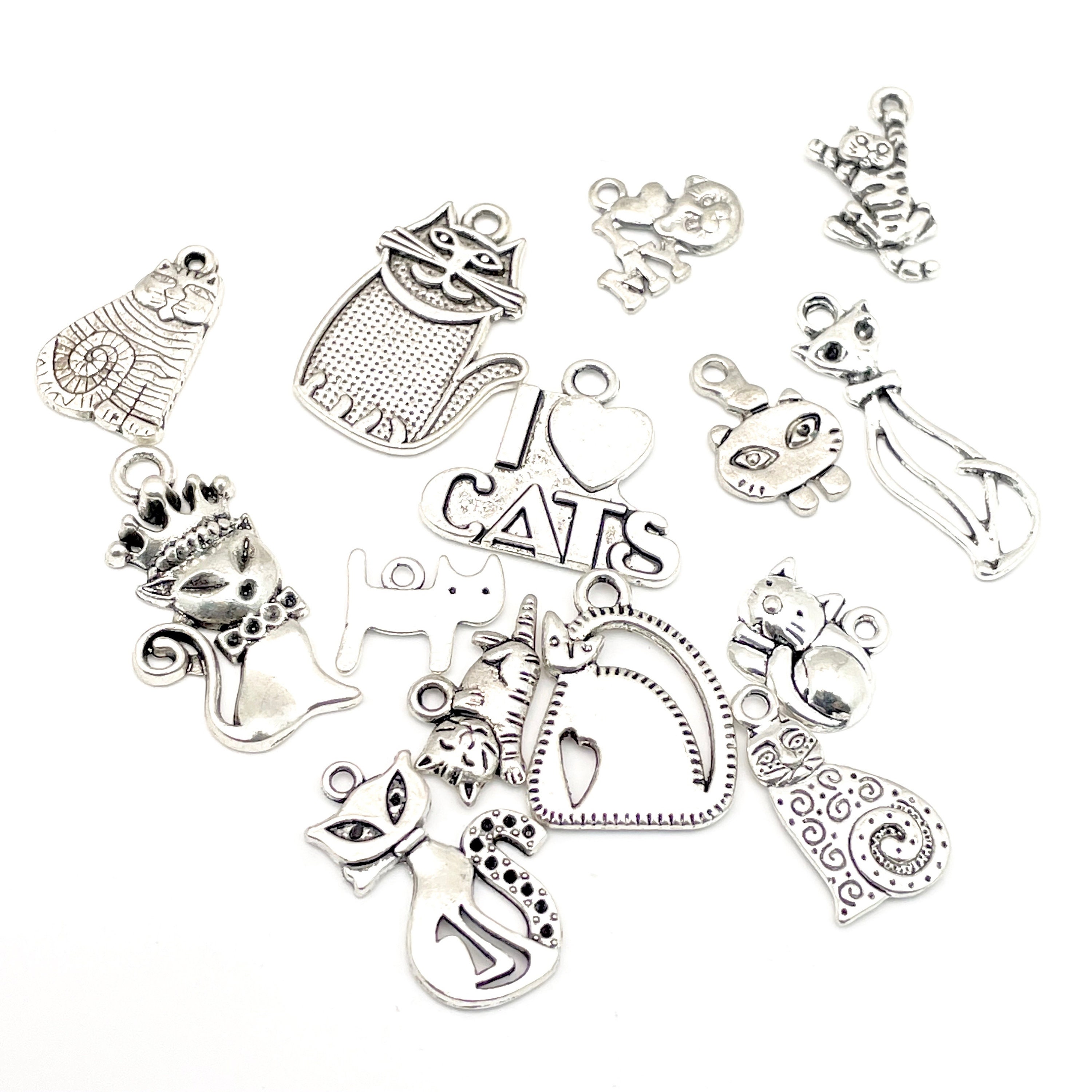 10 Piece Kitty Cat Charm Set Tibetan Antique Silver Metal Charms