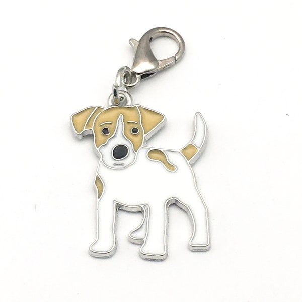 1 Jack Russel terrier dog charm with lobster clasp, white enamel silver tone metal, 22mm x 35mm # CH622