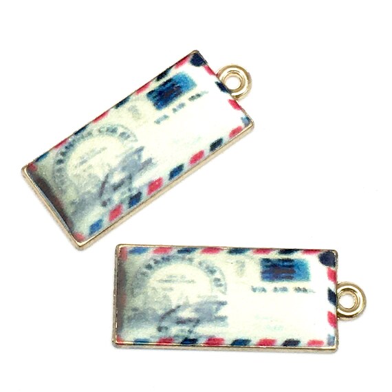 2 air mail letter charms gold tone and enamel 11mm x 26mm #CH 445