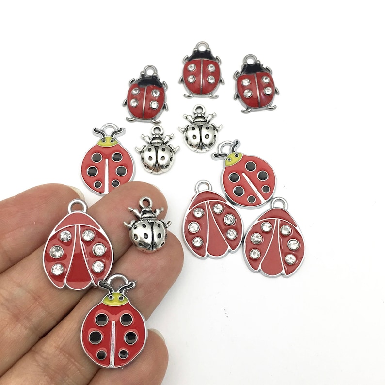 12 ladybug charms enamel and silver tone,15mm to 25mm #CH 606