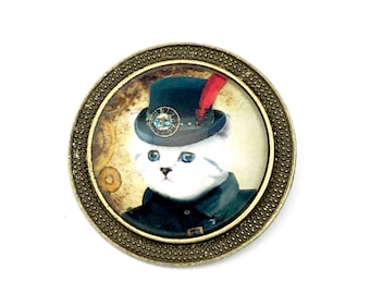 1 steampunk gentleman cat broach bronze tone,33mm # PEN 184