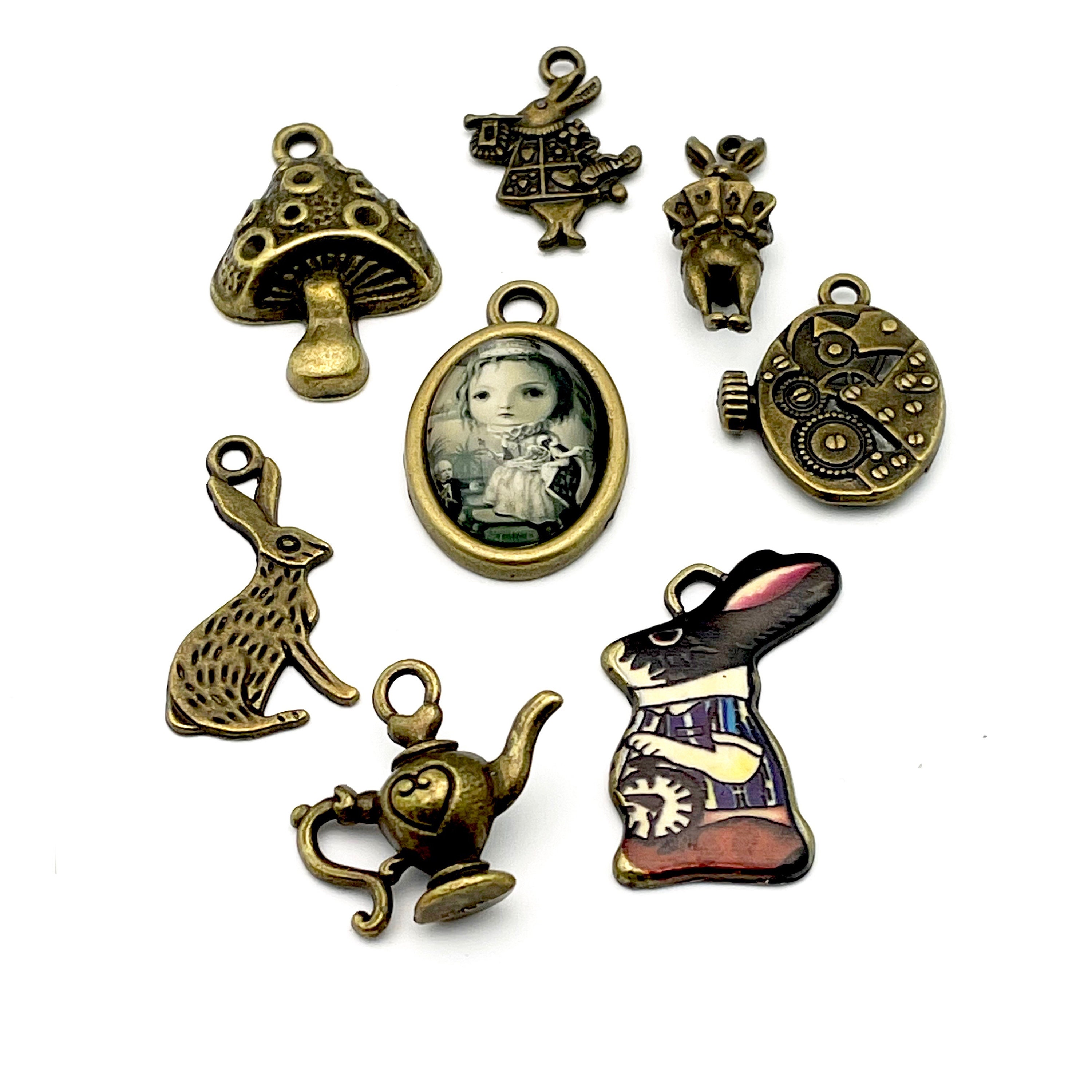 8 Alice in Wonderland Charms Collection Bronze Tone Including 