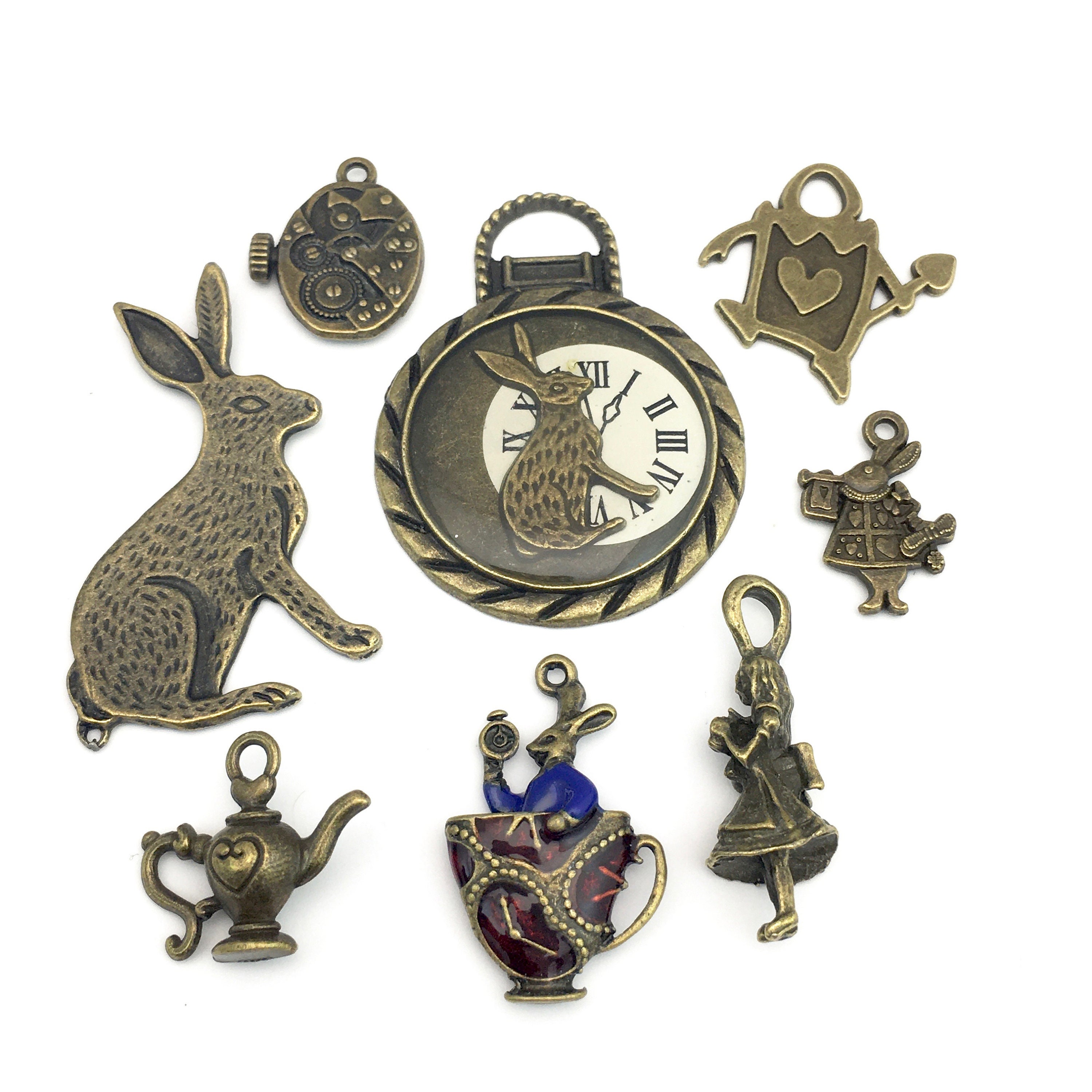 8 Alice in Wonderland Charms Collection Bronze Tone,20mm to 45mm ENS B 276  