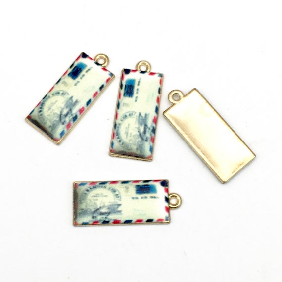 2 air mail letter charms gold tone and enamel 11mm x 26mm #CH 445