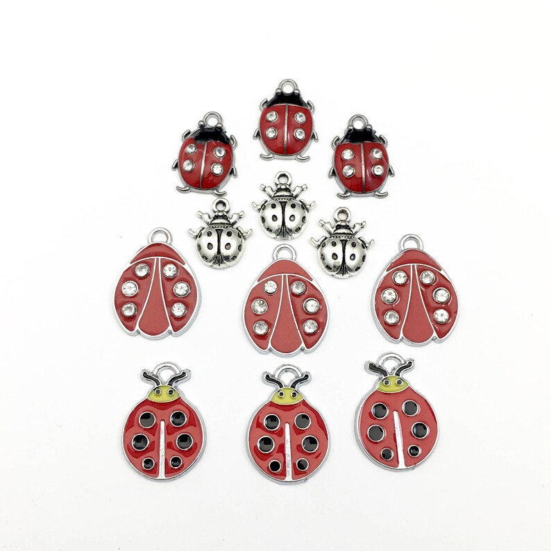 12 ladybug charms enamel and silver tone,15mm to 25mm #CH 606