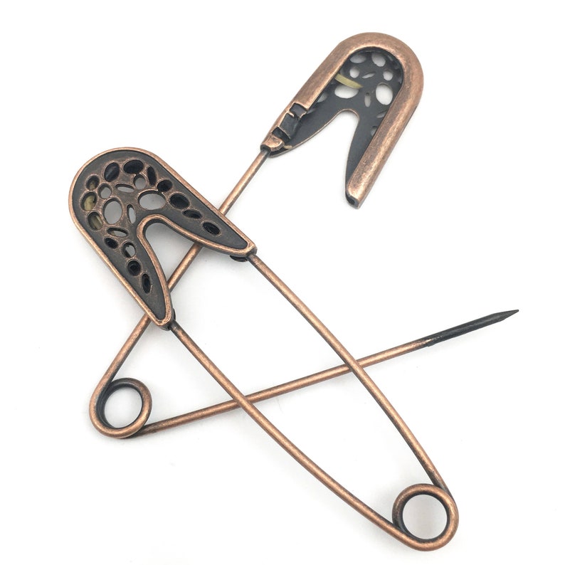 1 Large safety pin brooch copper tone métal fancy head Etsy