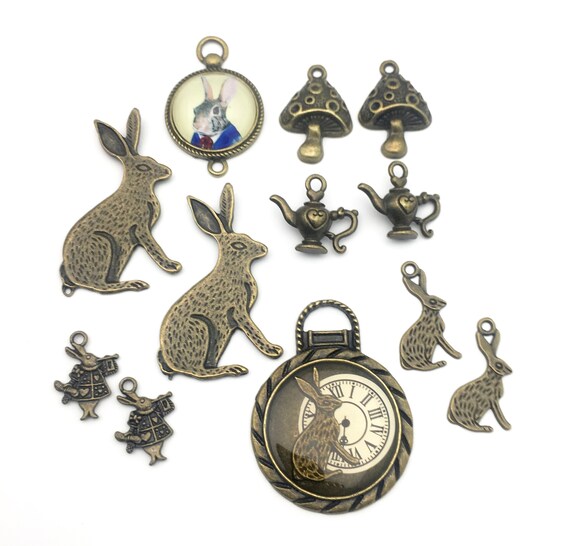 8 Alice in Wonderland Charms Collection Bronze Tone Including 