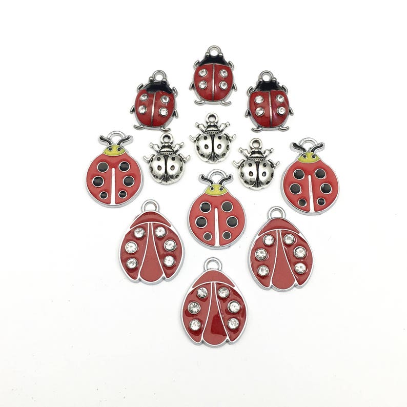 12 ladybug charms enamel and silver tone,15mm to 25mm #CH 606