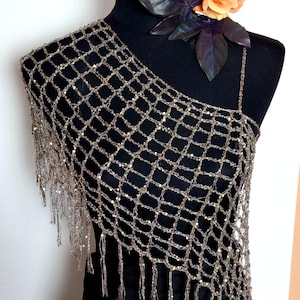 Hand Knitted Sequined Yarn Shawl Wrap, Shimmering White Payette Cape