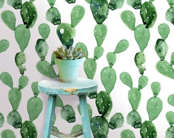 Cactus Wall Mural -  Self Adhesive Fabric Wallpaper -  Removable, Repositionable, Reusable. EASY  PEEL & STICK !! R0018