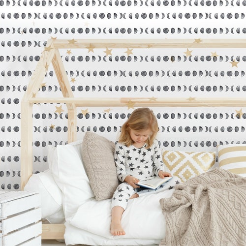 Moon Phases Wallpaper Moon Nursery Wallpaper Black and White Etsy