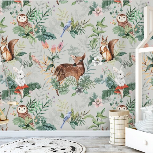 Deer Woodland Forest Animals Wallpaper Woodland Wallpaper Etsy