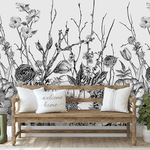 Vintage Botanical Wall Mural - Black Botanical Wallpaper Self Adhesive Fabric Wallpaper