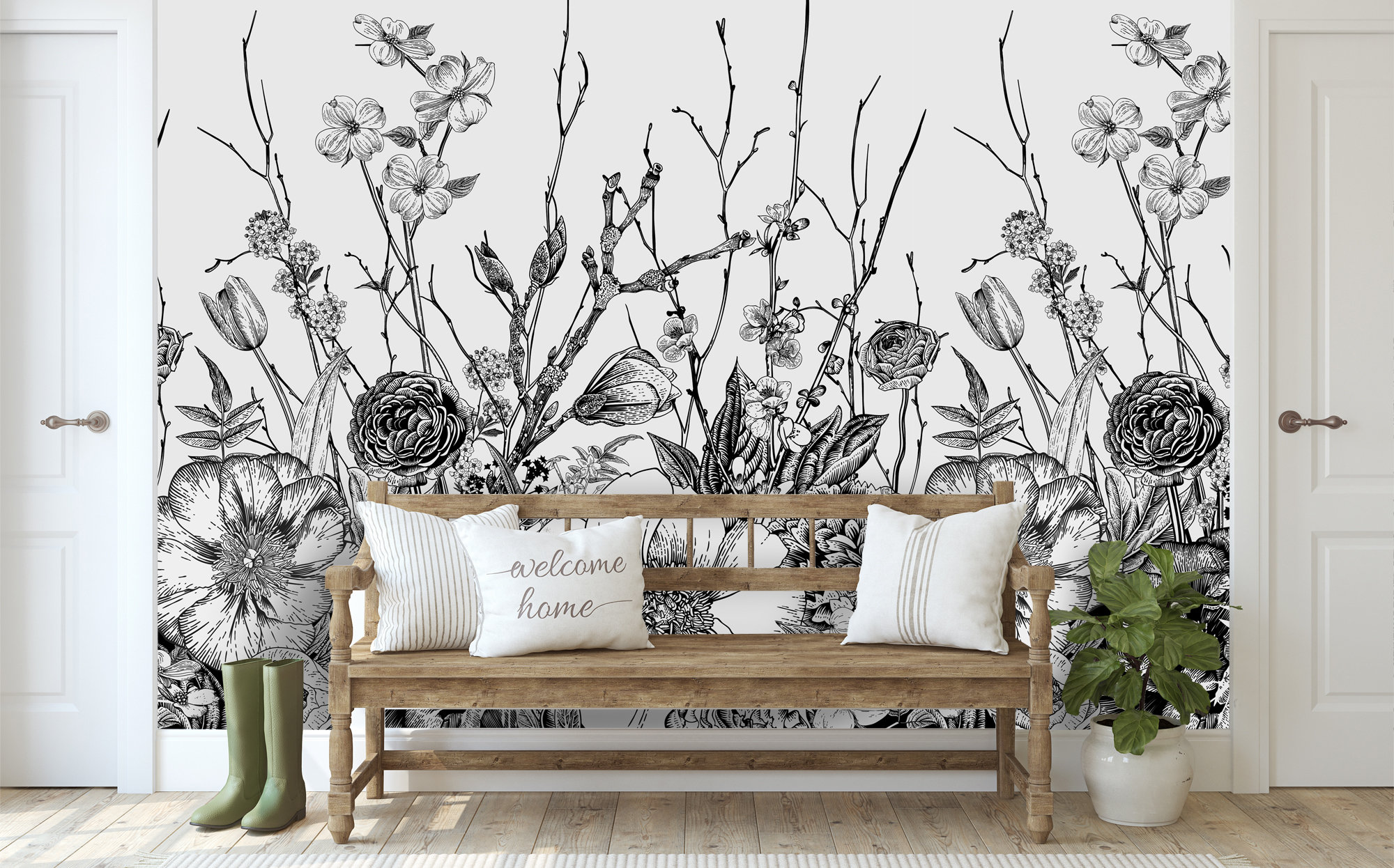  Retro Hand-Painted Ink Landscape Flowers Wall Mural, Modern  Black Watercolor Plant Photo Murals, Silk Material Easy to Clean Panoramic  Mural for Bedroom Hotel Yoga Studio - 158W x 110H : Tools