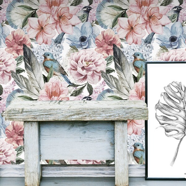 Floral Wall Mural -  Flower Self Adhesive Fabric Wallpaper -  Removable, Repositionable, Reusable. EASY PEEL & STICK !! R0009