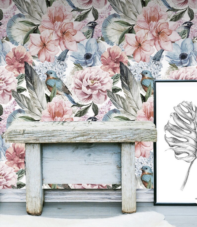 Floral Wall Mural Flower Self Adhesive Fabric Wallpaper Etsy