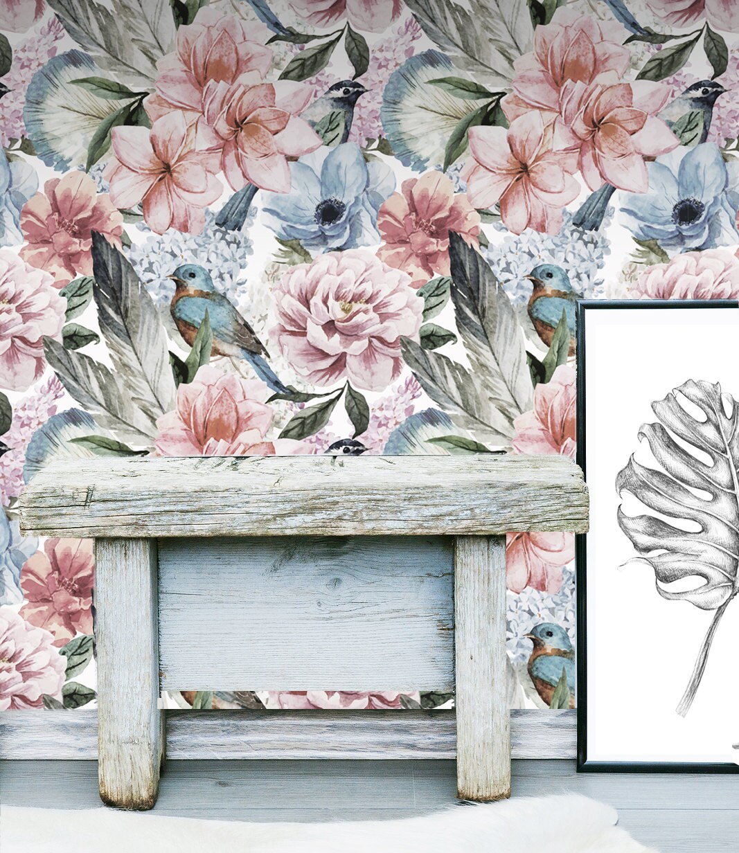 Floral Wall Mural Flower Self Adhesive Fabric Wallpaper Etsy