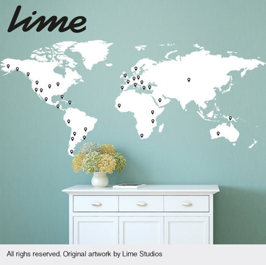 World Map Wall Decal With 60 Marking Pins World Map Decal Etsy