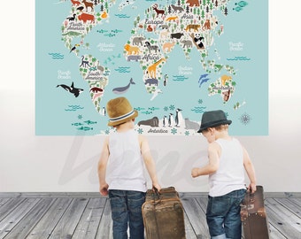 World Map Wall Decal  - Peel and Stick vinyl or fabric -  Animals Sticker World Kids, playroom, nursery room R0005