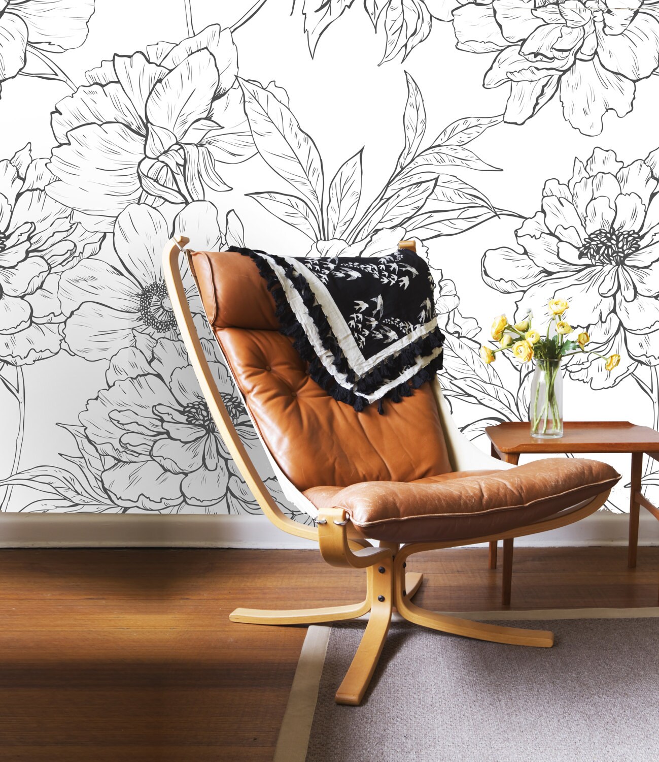 Black and White Floral Wall Mural Self Adhesive Fabric Etsy UK