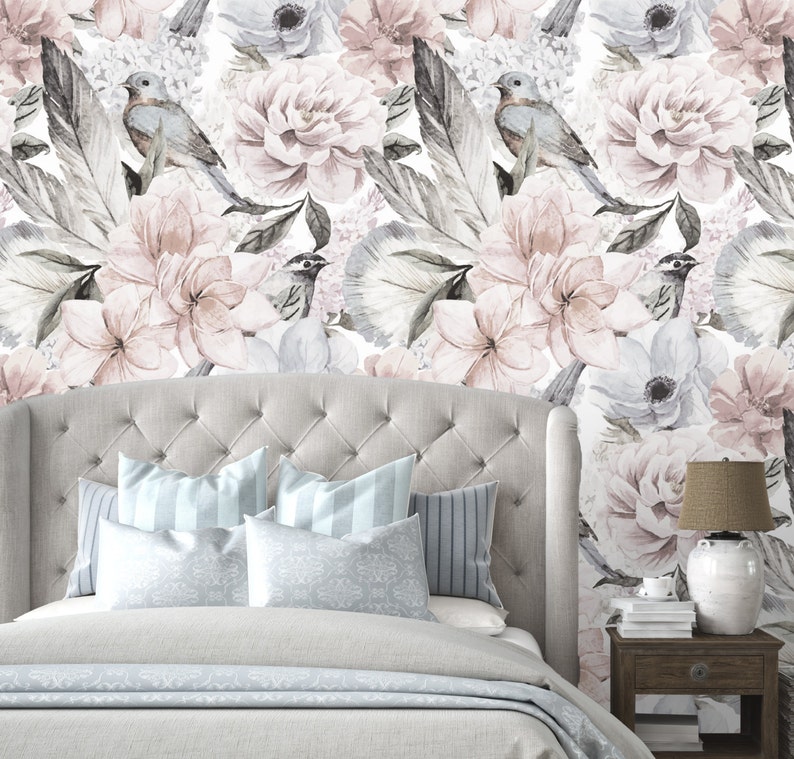 Floral Wallpaper Neutral Flowers Self Adhesive Fabric Etsy