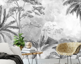 Grey Contrast Tropical Jungle Wall Mural - Hand painted Forest Wallpaper - Tropical Self Adhesive Wallpaper