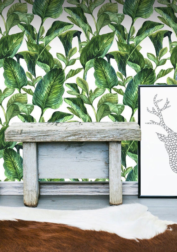 Tropical Leaves Wall Mural Self Adhesive Fabric Wallpaper Etsy