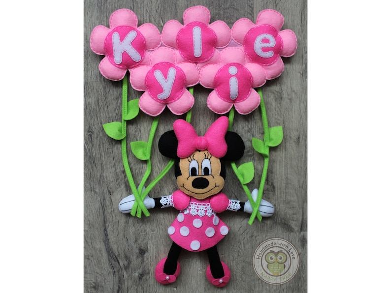Minnie Mouse Felt Name Banner Wall Decoration with flowers image 1