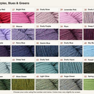 May include: A color chart titled Pinks, Purples, Blues & Greens displaying twenty-five yarn samples numbered 26 through 50. Each sample shows a distinct color swatch with its corresponding name, including Raspberry Red, Lavender, and Spring Green.