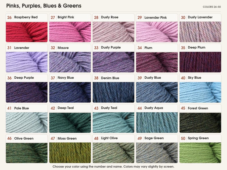 May include: A color chart titled Pinks, Purples, Blues & Greens displaying twenty-five yarn samples numbered 26 through 50. Each sample shows a distinct color swatch with its corresponding name, including Raspberry Red, Lavender, and Spring Green.