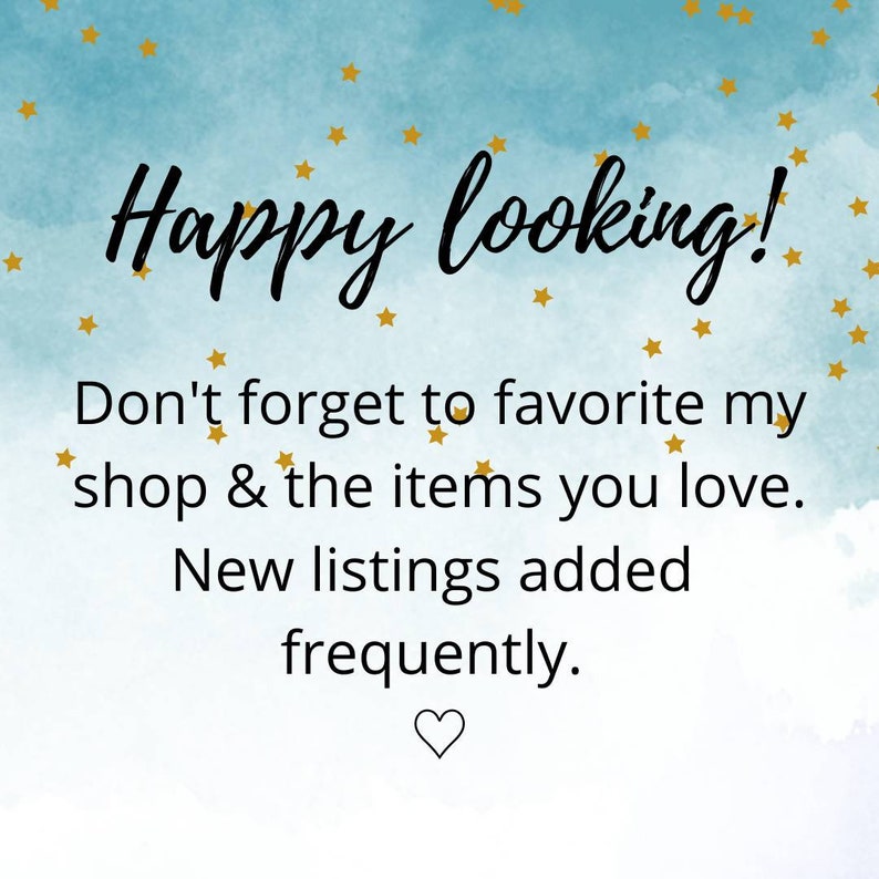 Może przedstawiać: Niebieskie i białe tło akwarelowe z złotymi gwiazdami. Tekst "Happy looking! Don't forget to favorite my shop & the items you love. New listings added frequently." jest napisany czarnym kolorem.