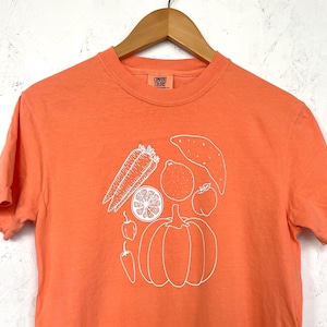 May include: Orange t-shirt with a white outline illustration of various vegetables and fruits, including a carrot, lemon, apple, and pumpkin. The shirt is hanging on a wooden hanger.