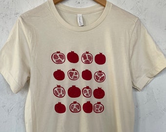 Hand-Printed Pomegranate T-Shirt: Red Fruit Design